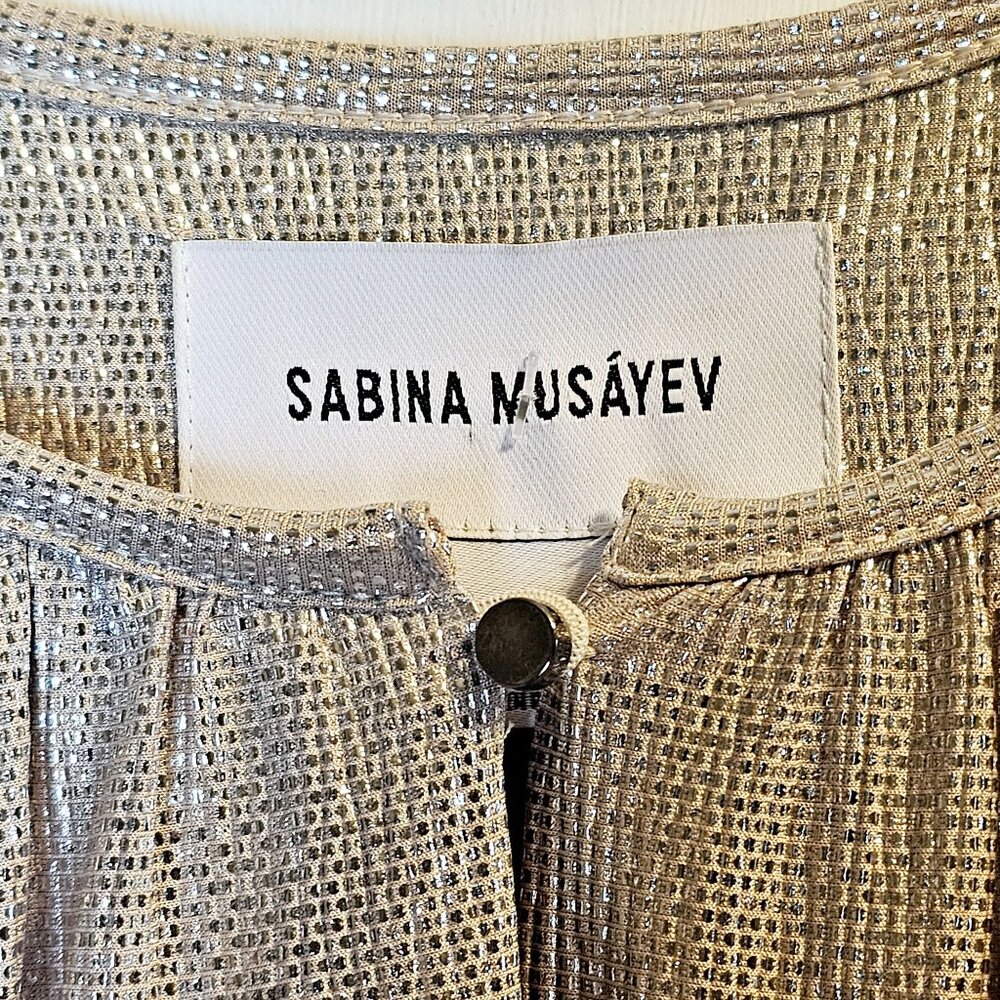 Sabina Musayev Anthro Gold Tiny Tile Raised Texture Blouson Dress & Waist Tie, M - Picture 7 of 12